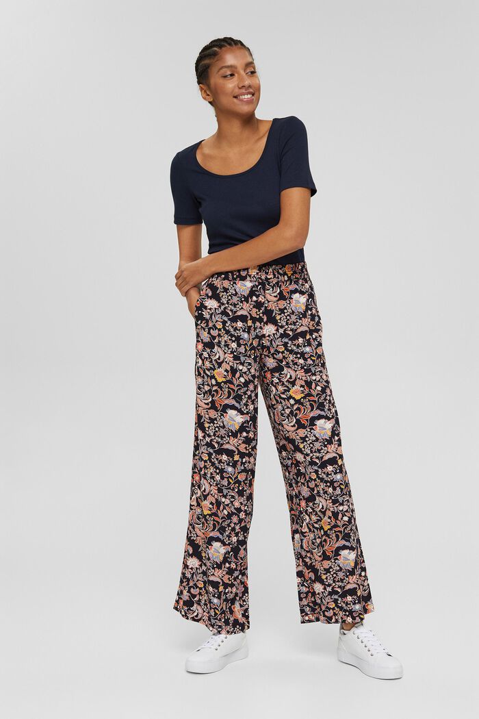 Printed trousers with a wide leg, LENZING™ ECOVERO™, NAVY, detail image number 0