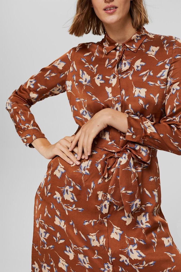 Satin shirt dress with a floral print, TERRACOTTA, detail image number 3