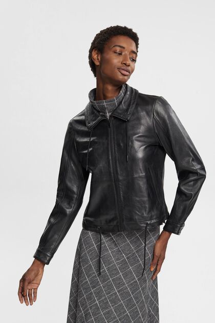 Leather jacket with drawstrings
