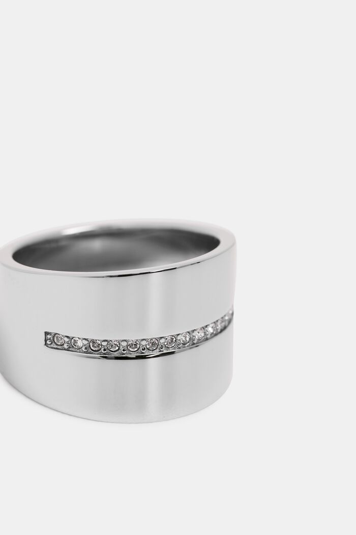 Wide stainless-steel ring with a row of zirconia stones