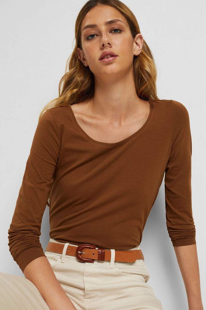Long sleeve top made of organic cotton with stretch, TOFFEE, overview