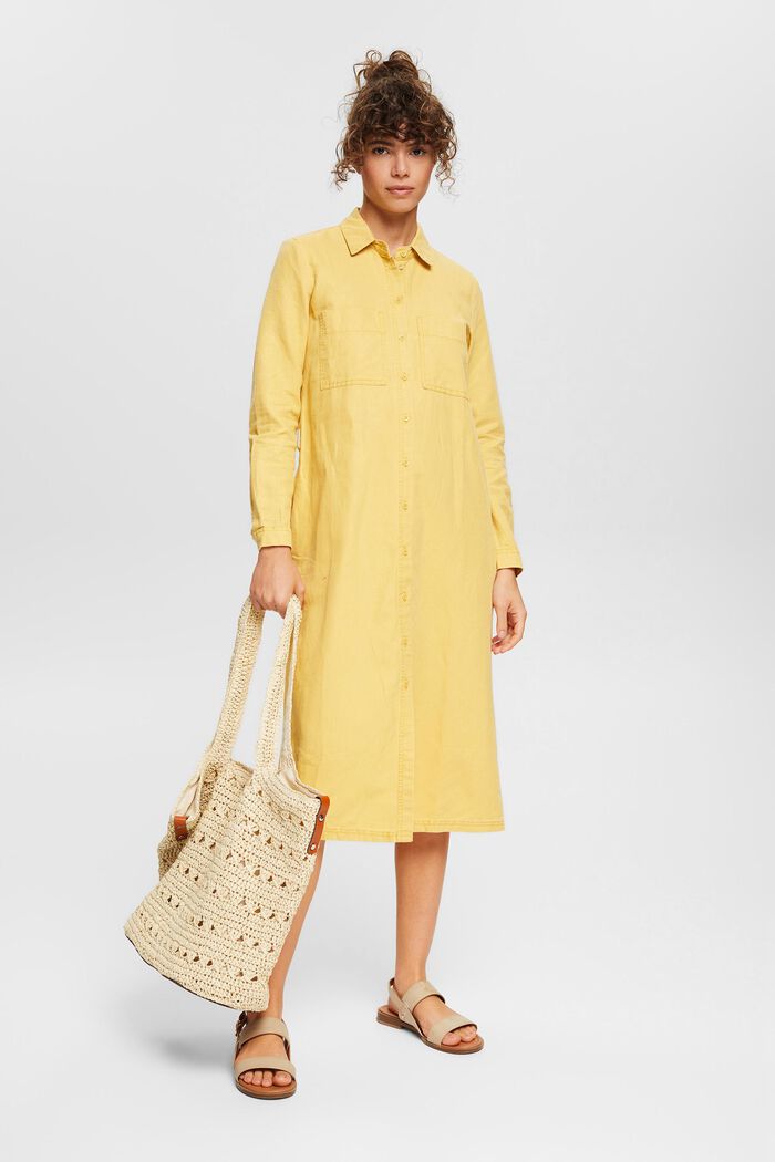 Made of blended linen: shirt dress with a belt, YELLOW, detail image number 1