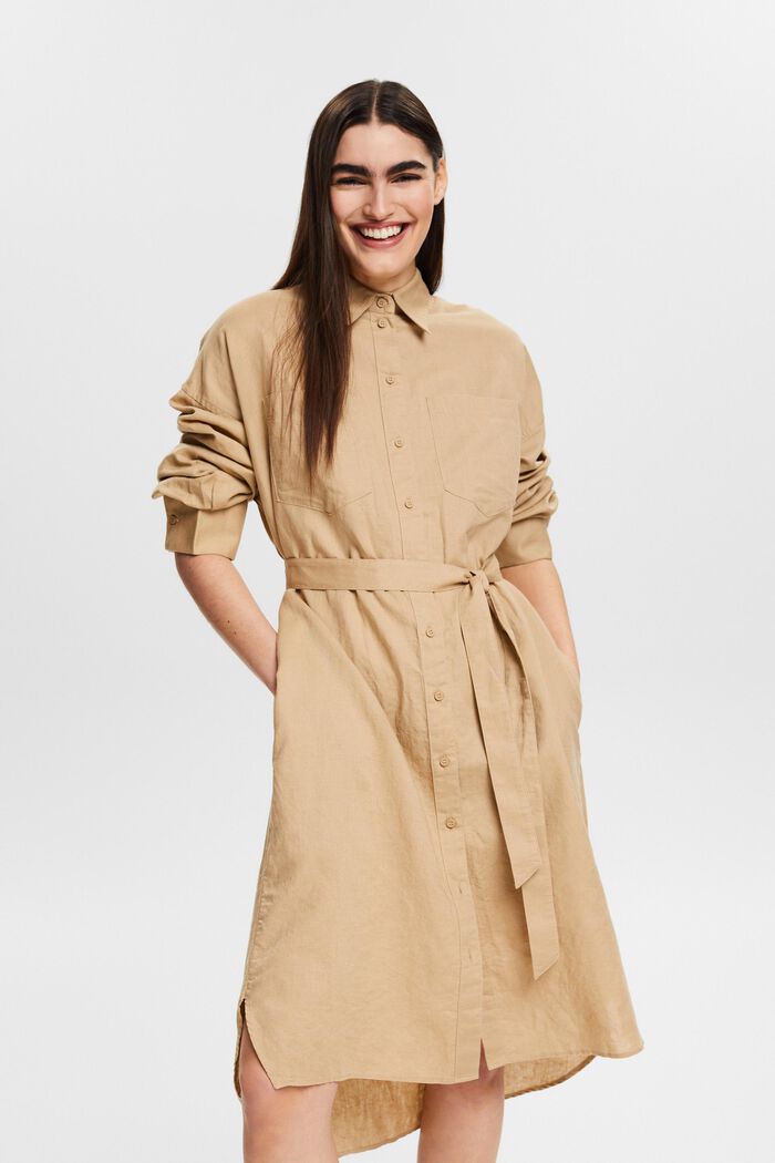 Linen-Cotton Belted Shirt Dress, BEIGE, detail image number 0