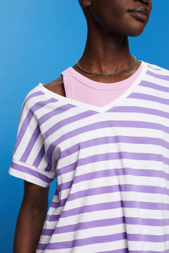 Striped v-neck cotton t-shirt, PURPLE, detail image number 2