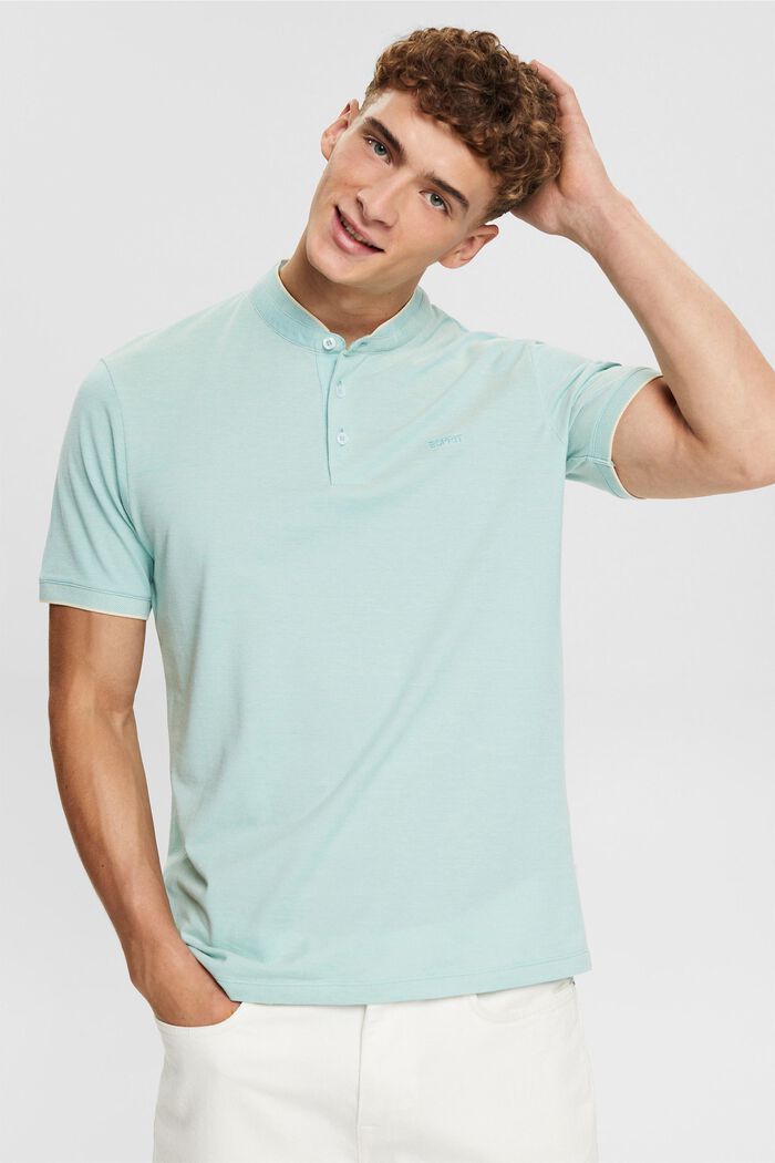 Piqué polo shirt with a mandarin collar, LIGHT TURQUOISE, detail image number 0