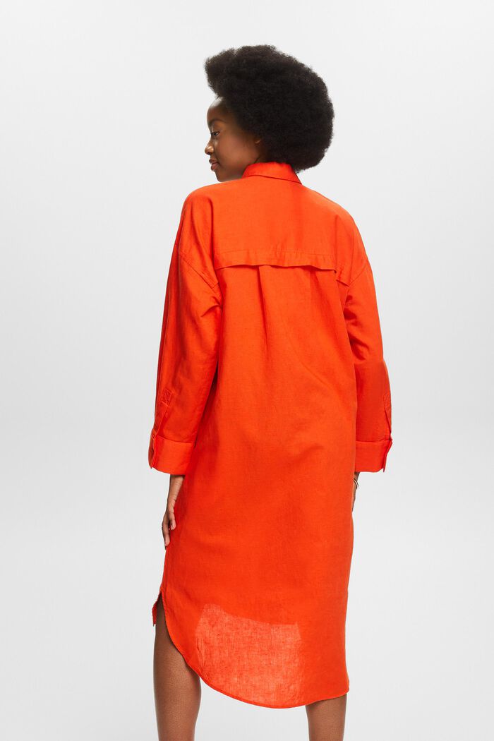 Linen-Cotton Belted Shirt Dress, BRIGHT ORANGE, detail image number 2