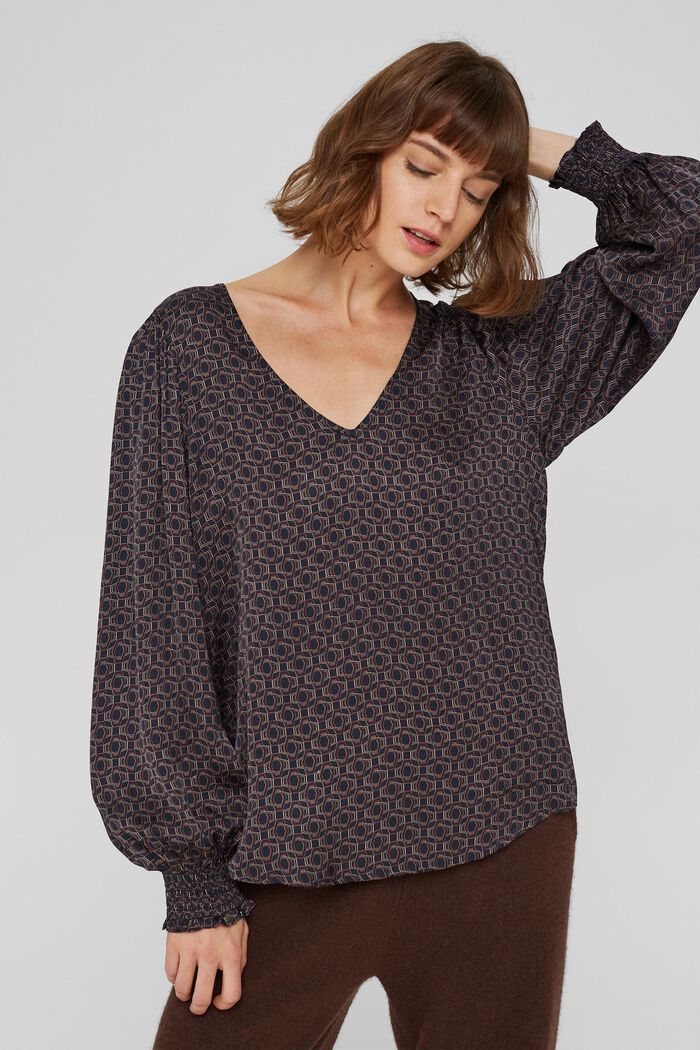 Printed satin blouse, LENZING™ ECOVERO™, NAVY, detail image number 0