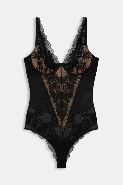 Mesh bodysuit with lace inserts
