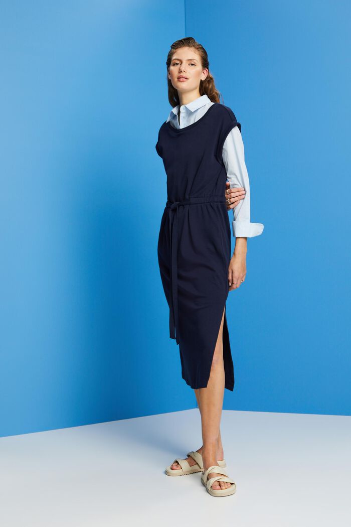 Jersey midi dress with a tie belt, NAVY, detail image number 4