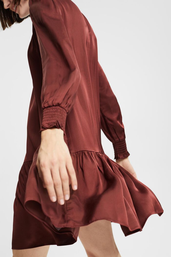 Satin ruffle collar dress, LENZING™ ECOVERO™, BORDEAUX RED, detail image number 0