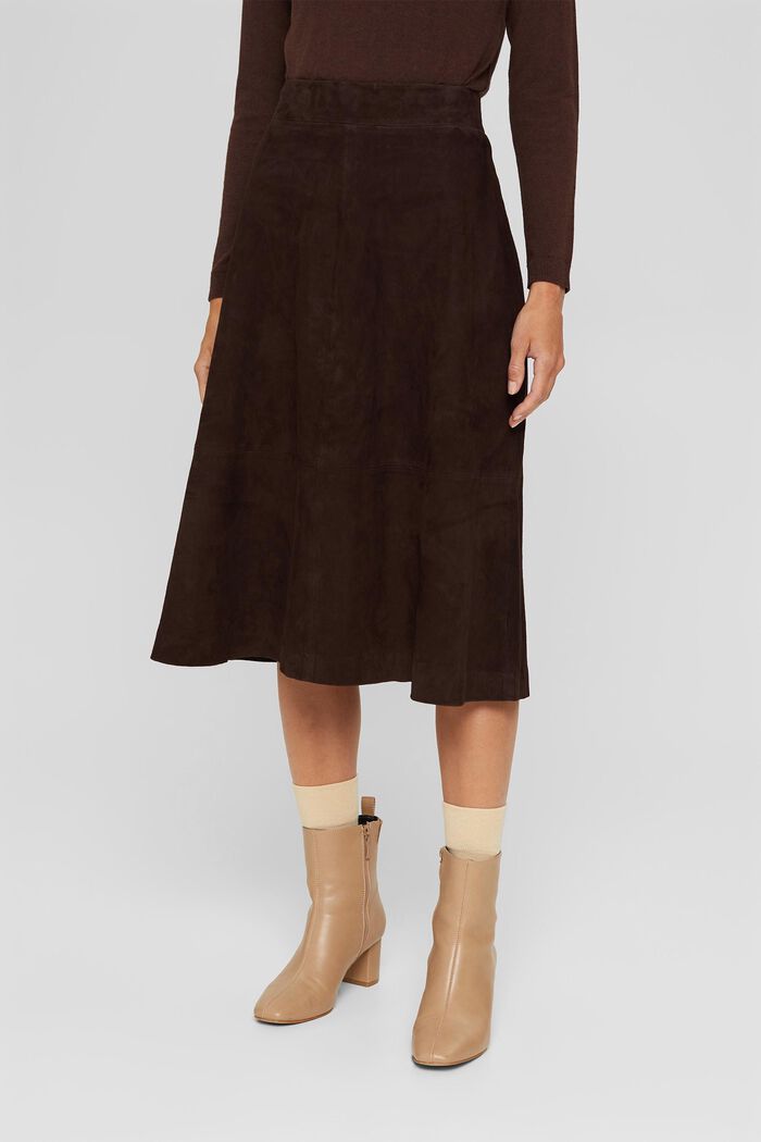 A-line midi skirt made of 100% suede, DARK BROWN, detail image number 0