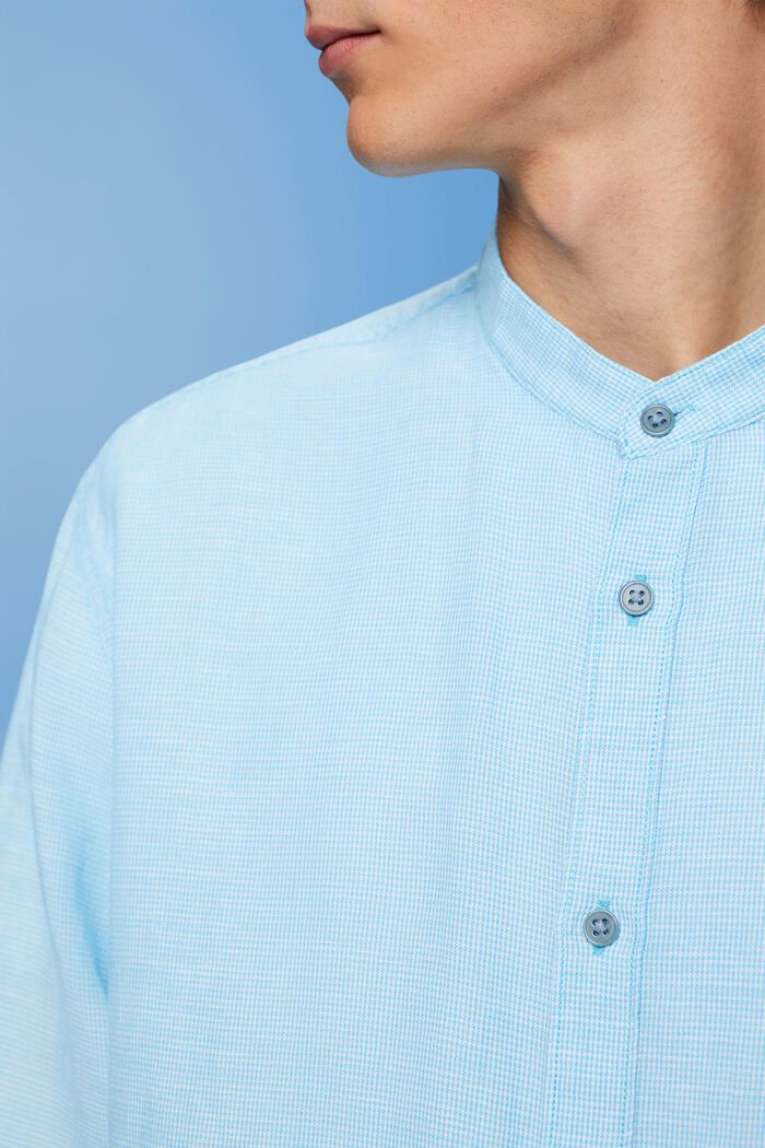 Blended linen dogstooth shirt with banded collar, TURQUOISE, detail image number 2