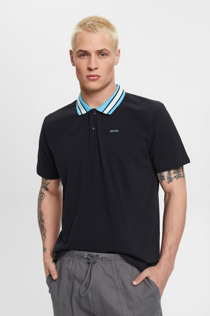 Cotton pique polo shirt with striped collar, BLACK, detail image number 0