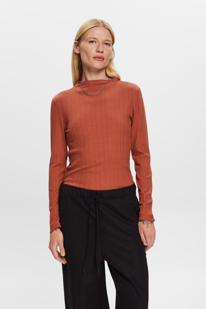 Ribbed long sleeve top, TERRACOTTA, detail image number 0