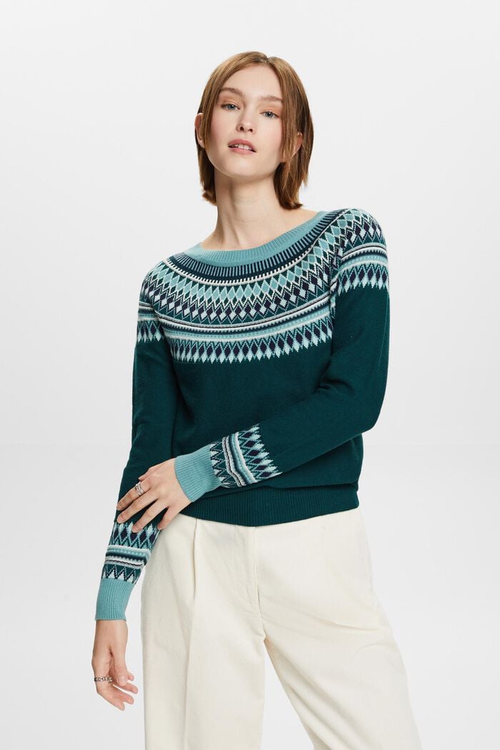 Cotton Jacquard Sweater, EMERALD GREEN, detail image number 1