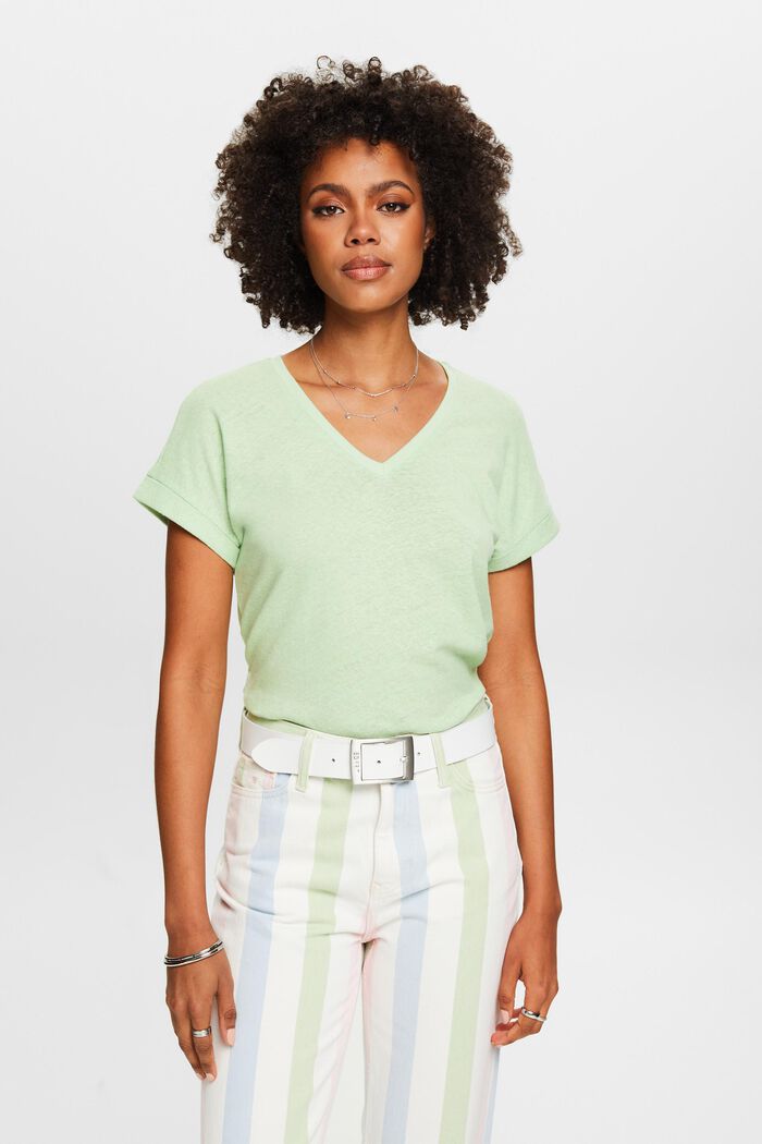 Cotton-Linen V-Neck T-Shirt, LIGHT GREEN, detail image number 0