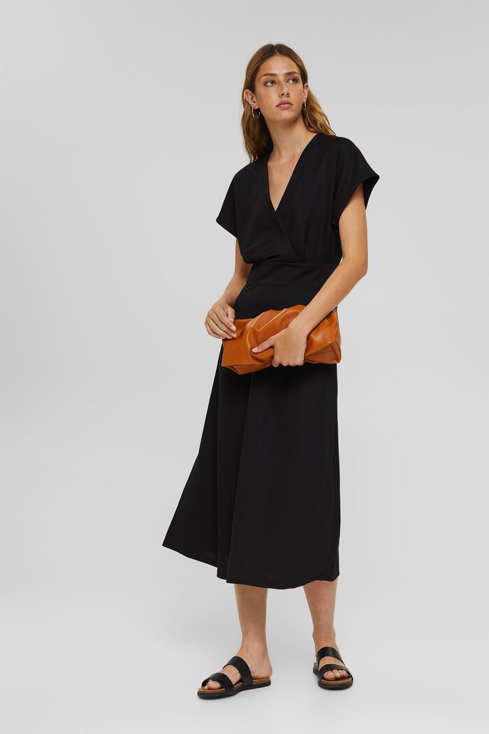 Wrap-effect flared midi dress in jersey, BLACK, detail image number 0