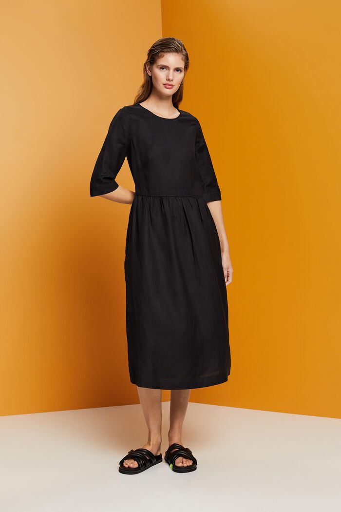 Blended linen and viscose woven midi dress, BLACK, detail image number 4