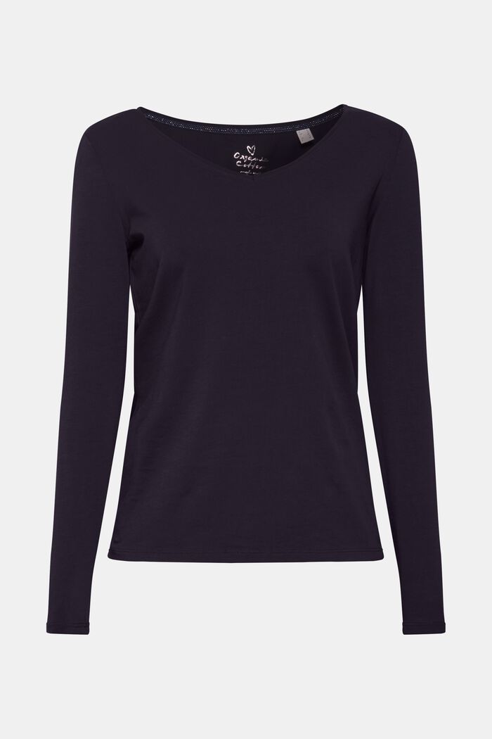 V-neck long sleeve top made of organic cotton with stretch, NAVY, detail image number 0