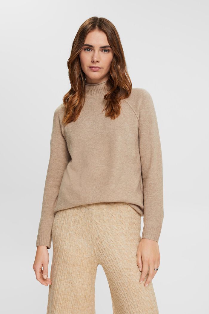 Knitted wool blend jumper with mock neck, LIGHT TAUPE, detail image number 0