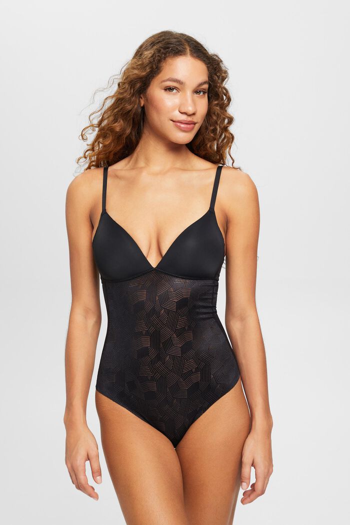 Padded bodysuit with geometric lace, BLACK, detail image number 0