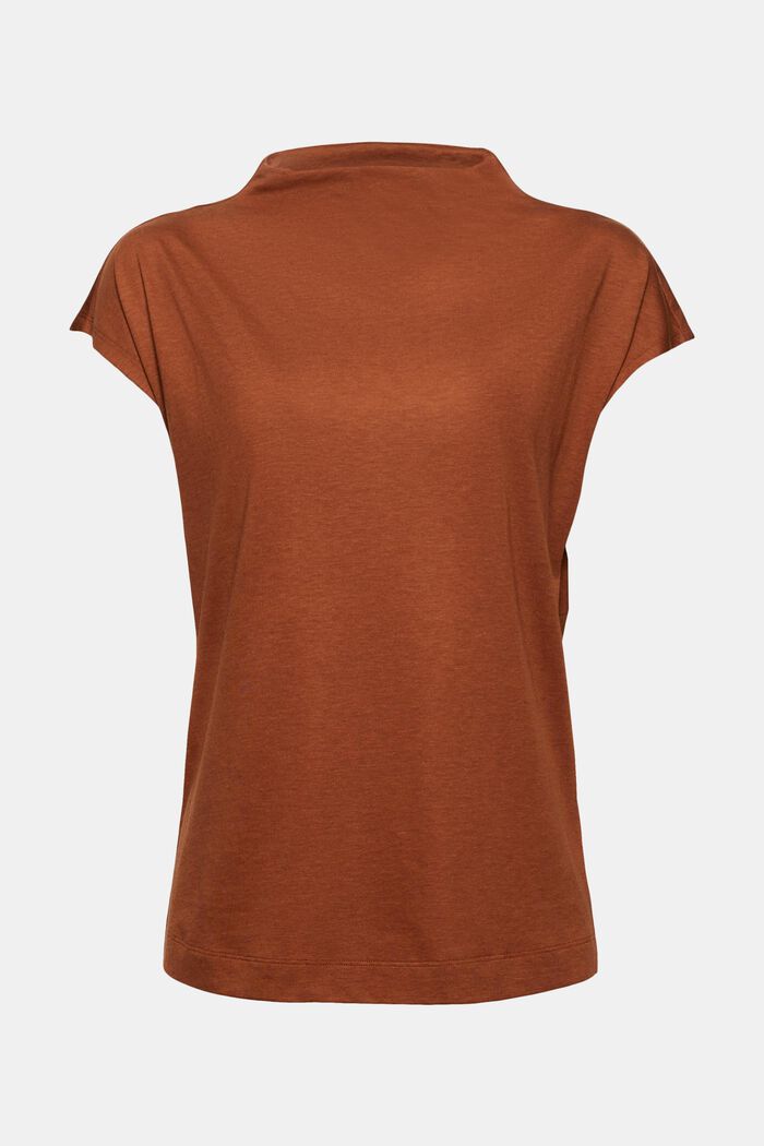 With TENCEL™: T-shirt with band collar, TOFFEE, detail image number 0