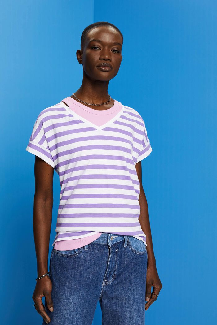 Striped v-neck cotton t-shirt, PURPLE, detail image number 0