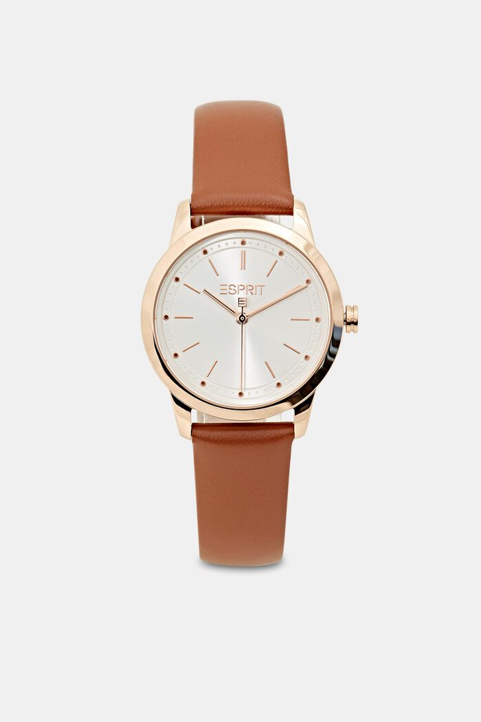 Plated stainless steel watch with a leather strap