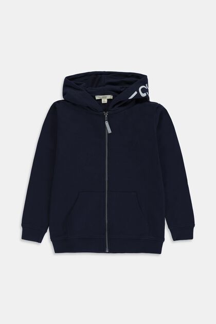 Zip-up hoodie with a logo print, 100% cotton, NAVY, overview