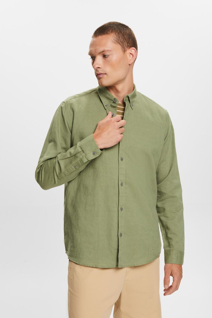 Cotton and linen blended button-down shirt, LIGHT KHAKI, detail image number 0