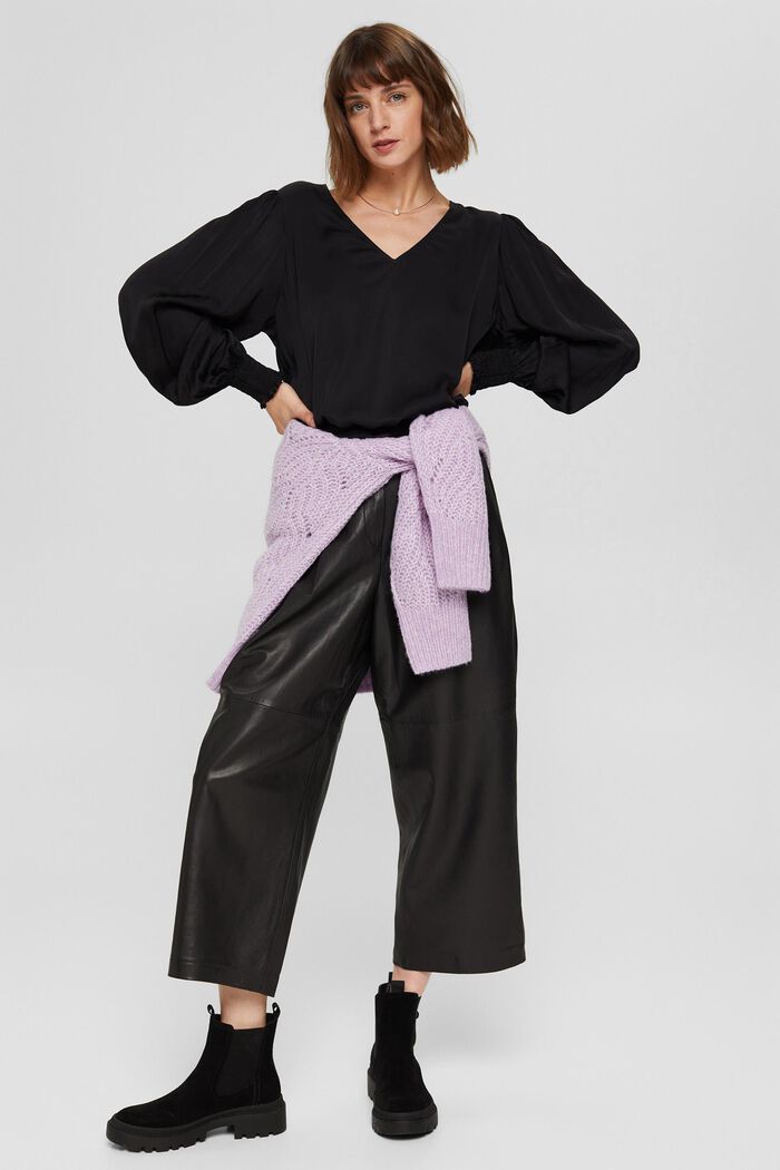 Satin blouse with balloon sleeves, BLACK, detail image number 1