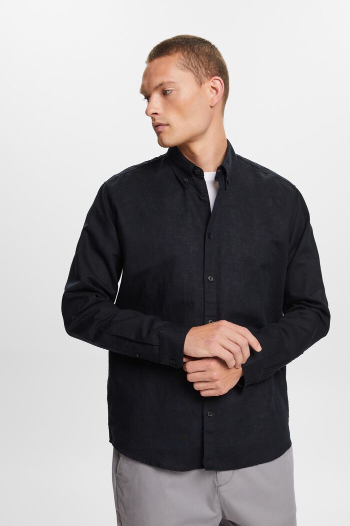 Cotton and linen blended button-down shirt, BLACK, detail image number 0
