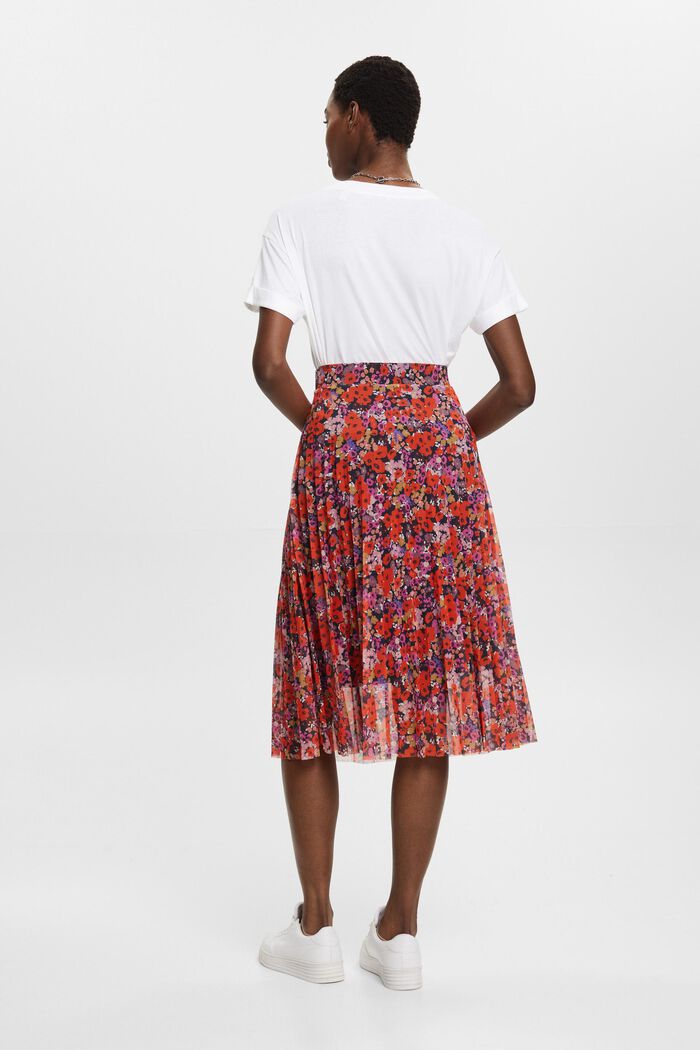 Pleated mesh midi skirt with floral pattern, RED, detail image number 3