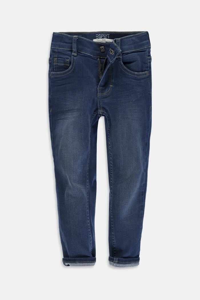 Washed stretch jeans with an adjustable waistband, BLUE DARK WASHED, overview