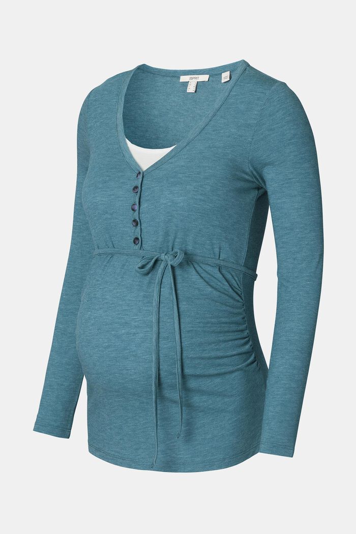 Long-sleeved jersey top with buttons, TEAL BLUE, overview