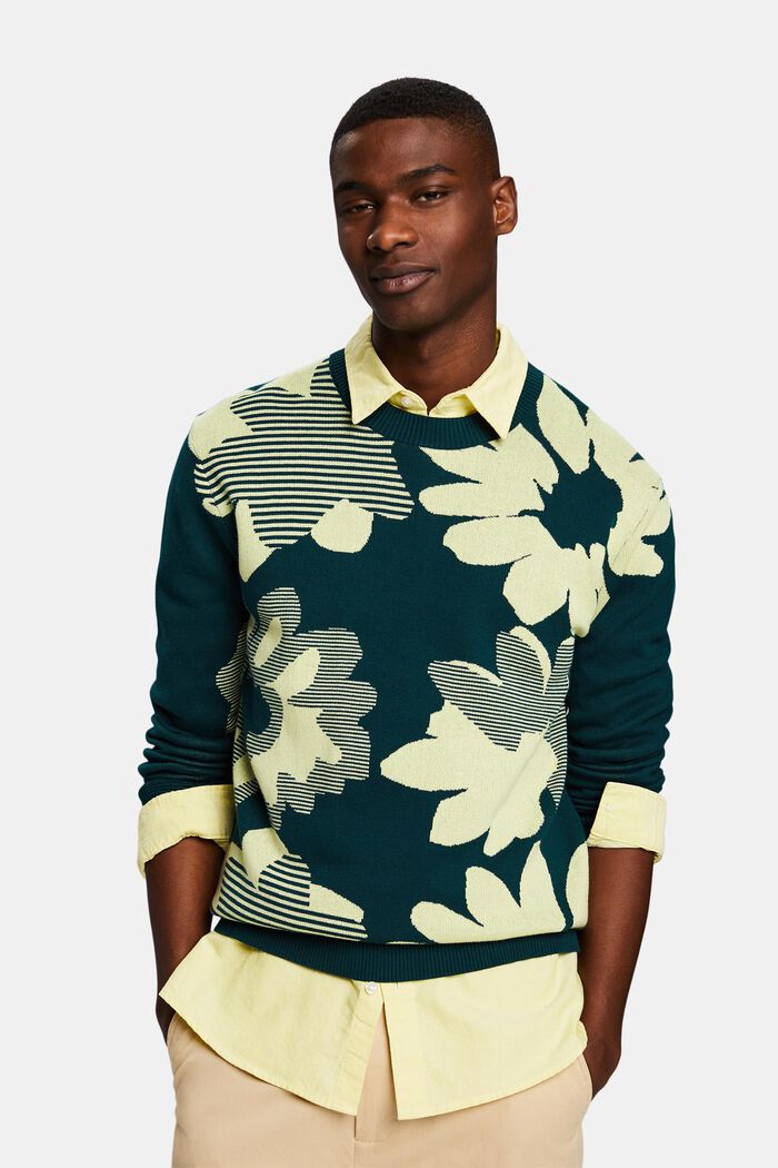 Jacquard Cotton Sweater, DARK TEAL GREEN, detail image number 0