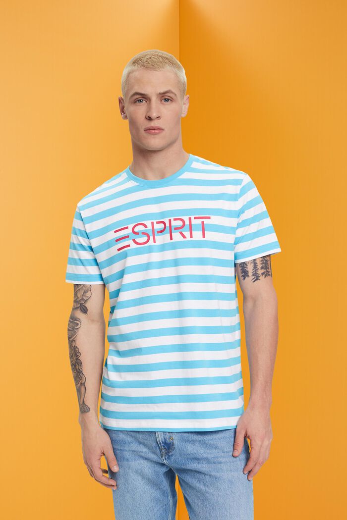 Striped Cotton T-Shirt, TURQUOISE, detail image number 0