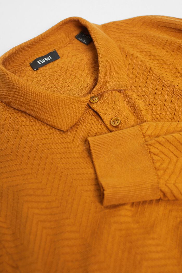 Textured long-sleeved polo shirt, CARAMEL, detail image number 4