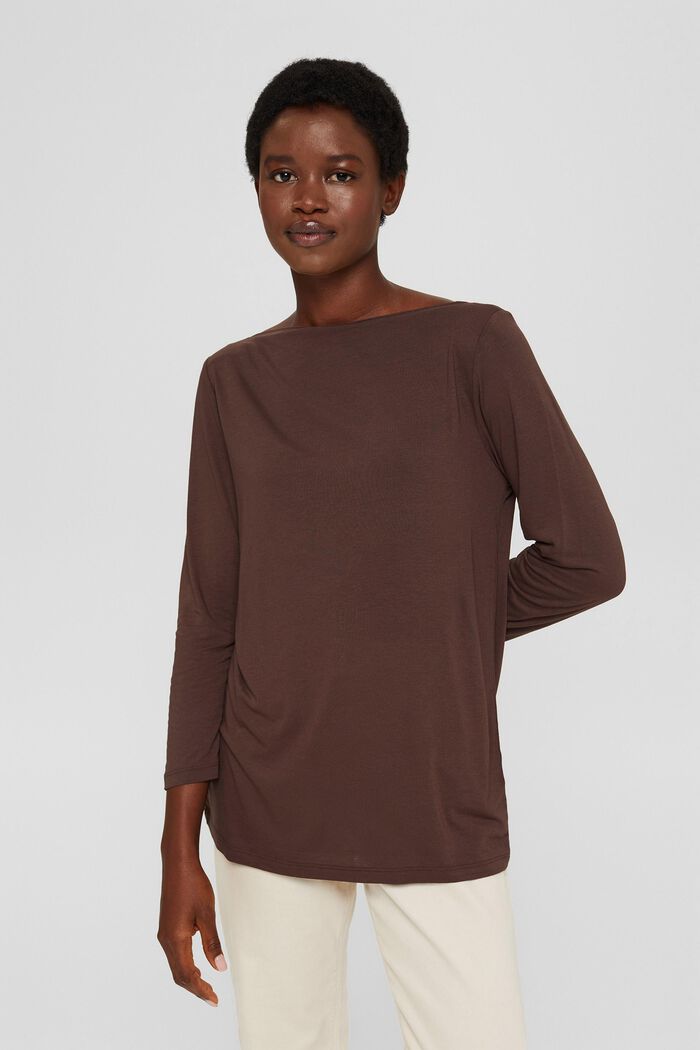Bateau long sleeve top made of LENZING™ ECOVERO™, DARK BROWN, overview