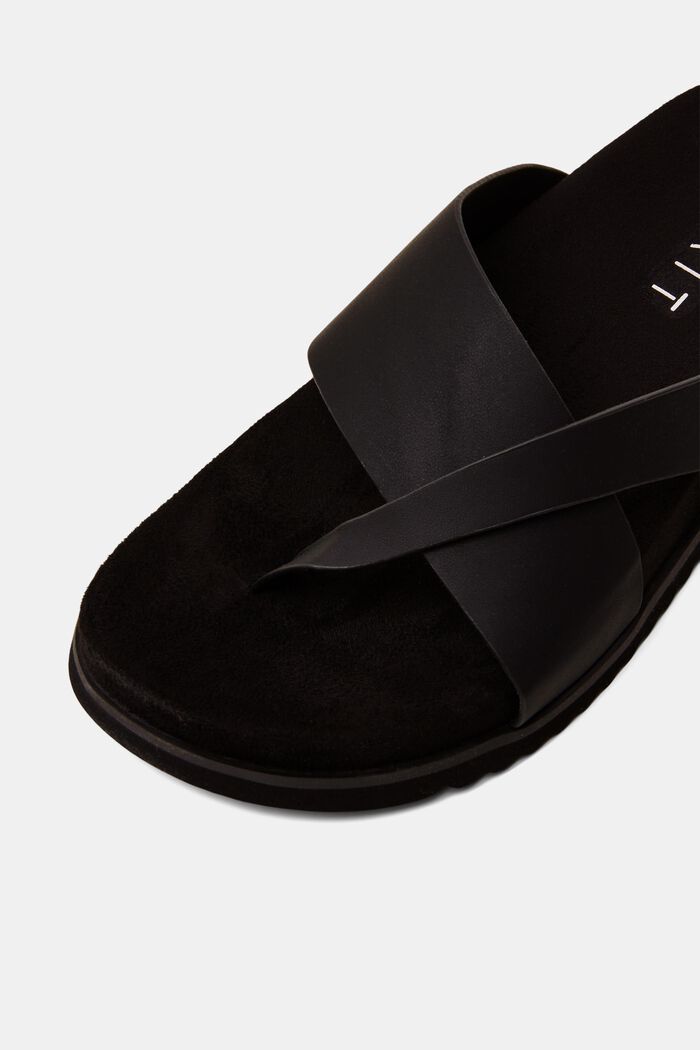 Faux leather cross strap split toe sliders, BLACK, detail image number 3