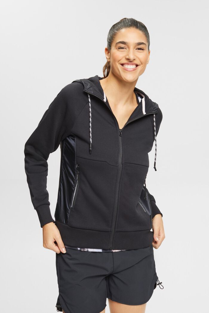 Mixed material zip-up hoodie, BLACK, detail image number 0