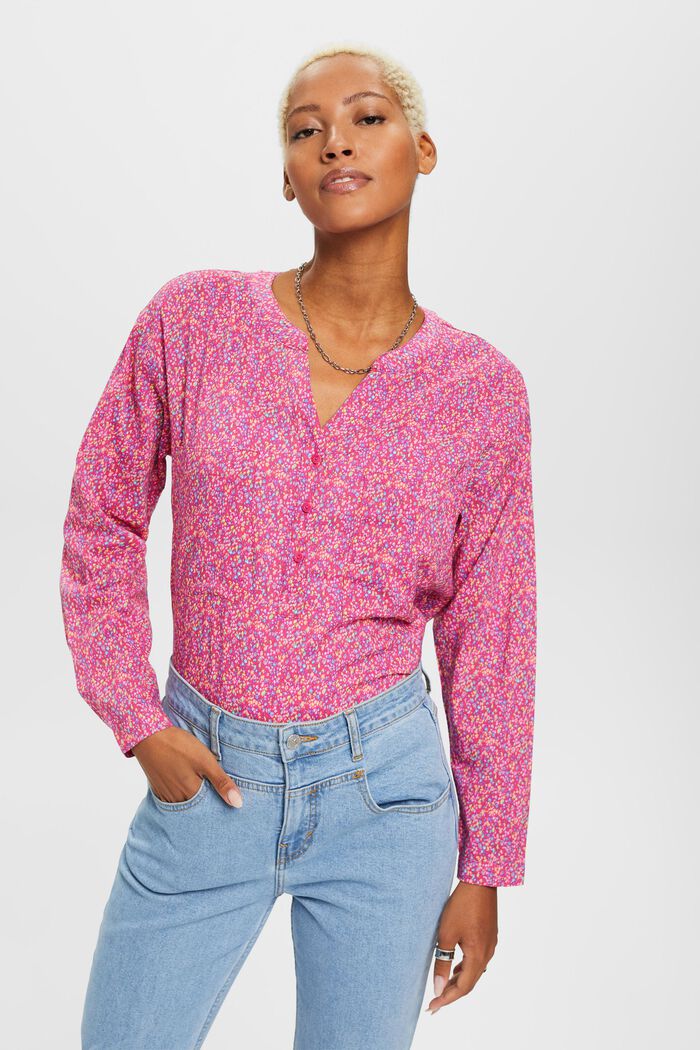 Floral V-neck blouse with buttons, PINK FUCHSIA, detail image number 0