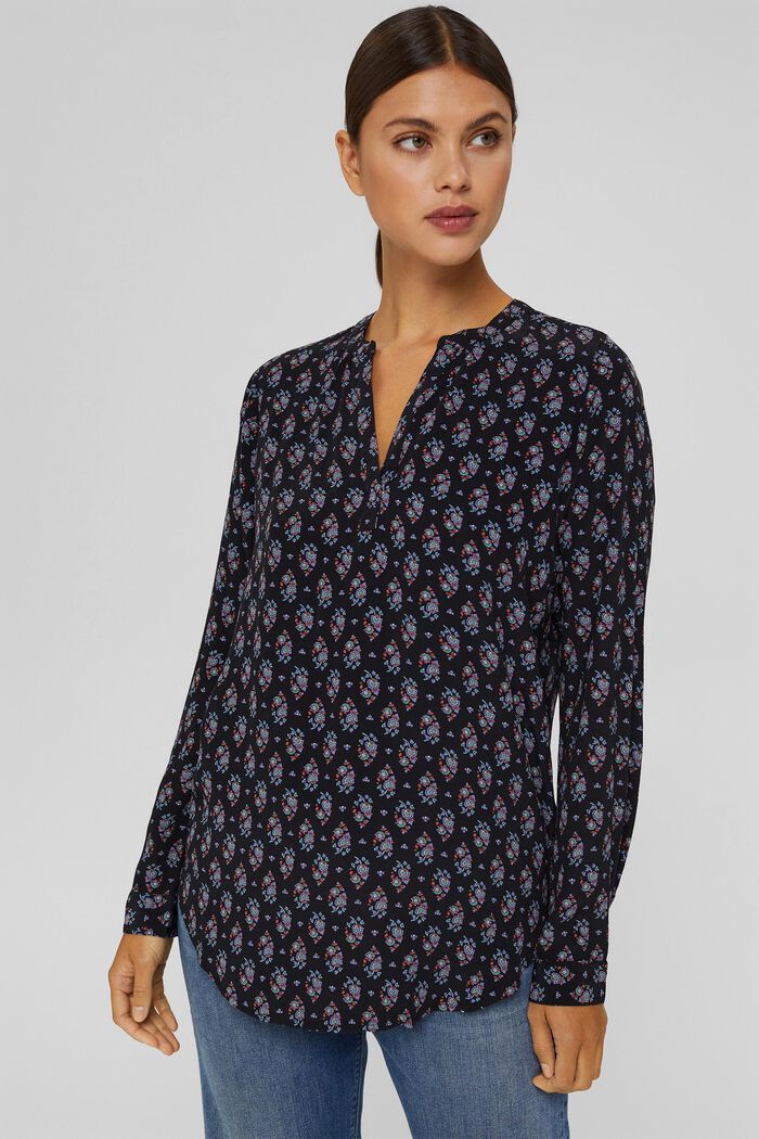 Patterned print blouse made of LENZING™ ECOVERO™, BLACK, overview