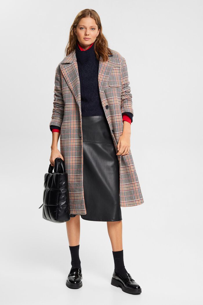 Checked wool blend coat with inside drawstring