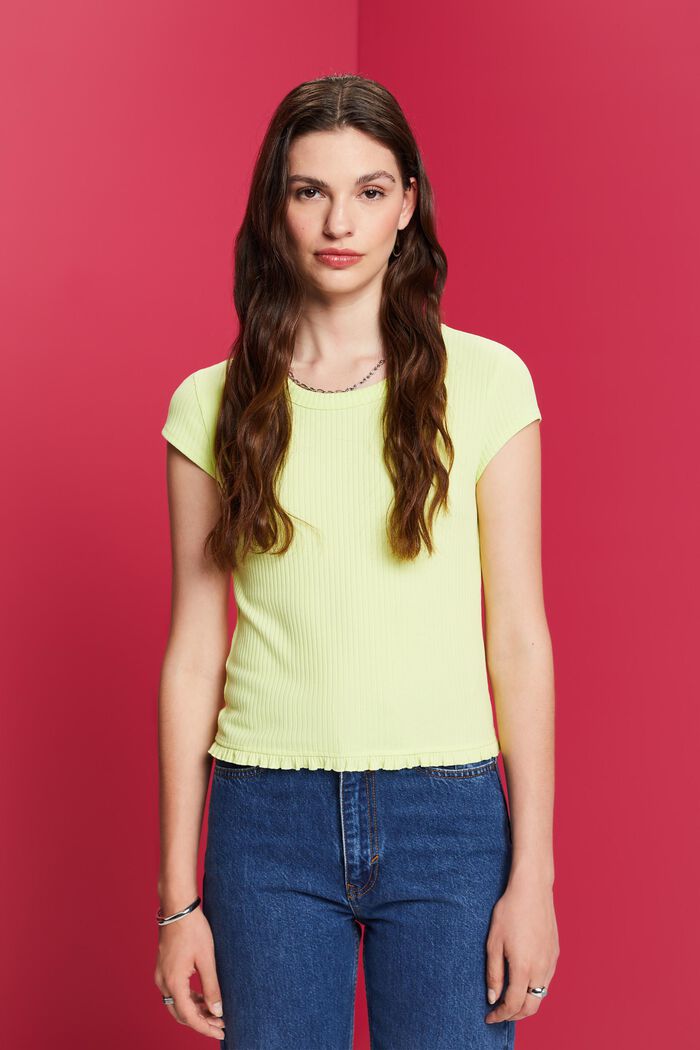 Ribbed t-shirt with ruffled hem, LIME YELLOW, detail image number 0