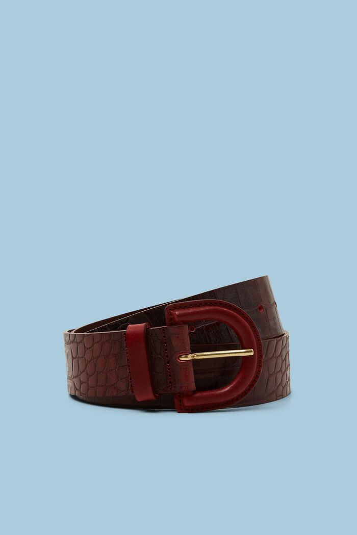 Croc-Textured Leather Belt, BORDEAUX RED, detail image number 0