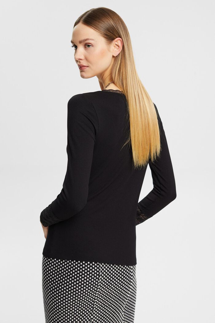 Ribbed long-sleeved top with lace details, BLACK, detail image number 3