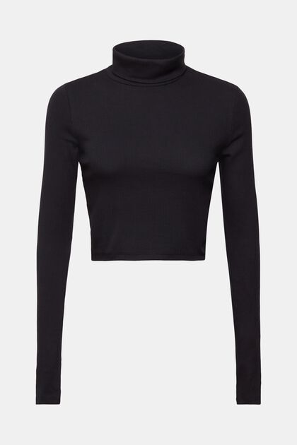 Cropped, roll neck long-sleeved top, BLACK, overview
