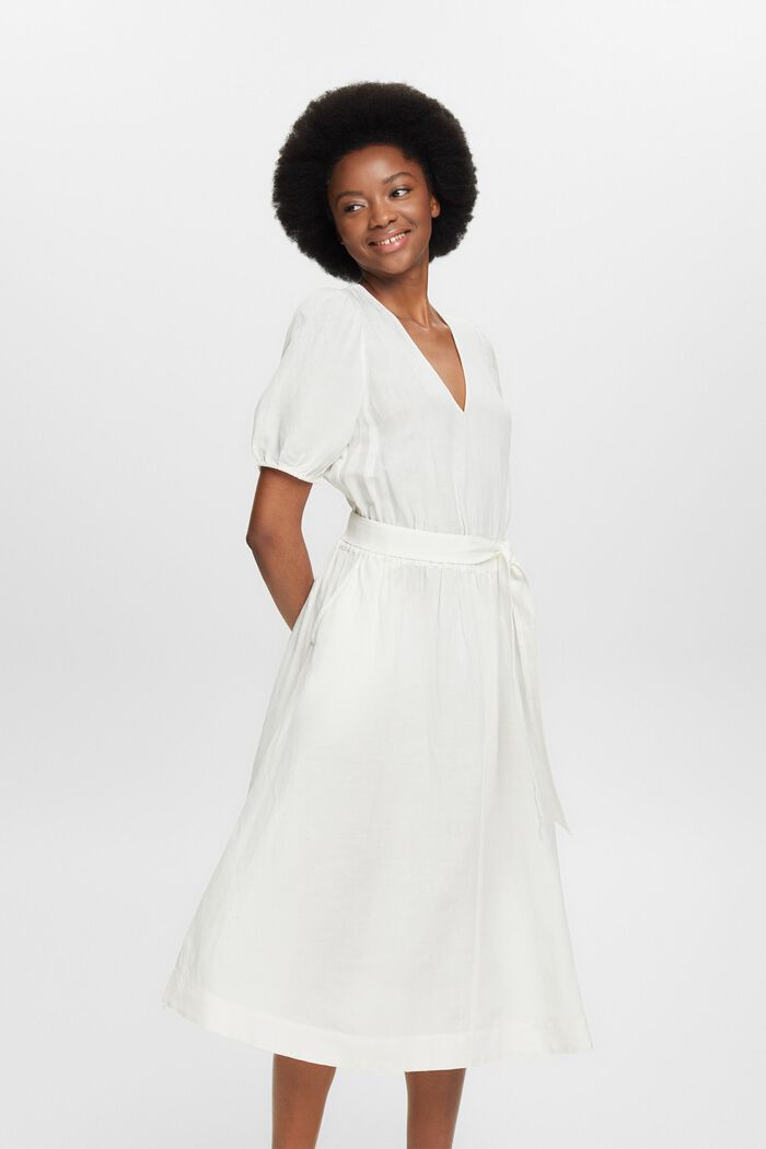 Belted Puff-Sleeve Midi Dress, OFF WHITE, detail image number 0