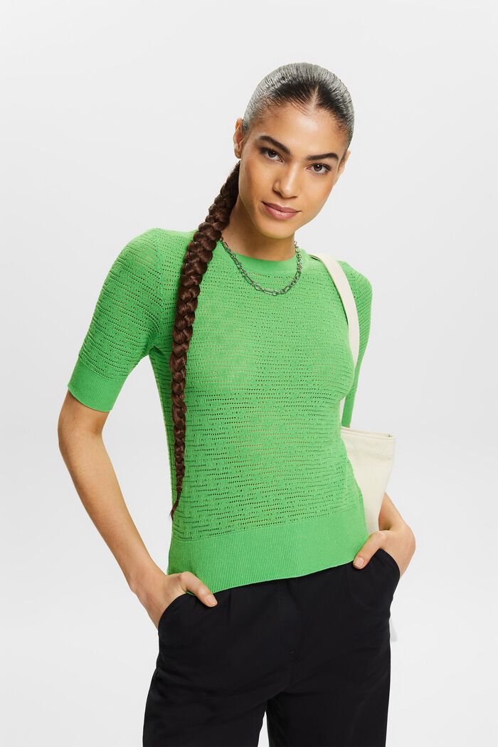 Pointelle Short-Sleeve Sweater, CITRUS GREEN, detail image number 0